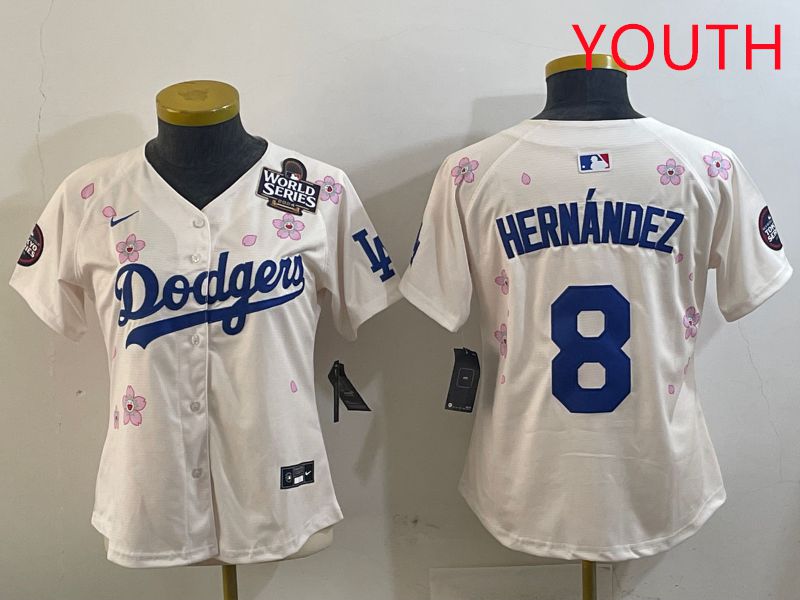 Youth Los Angeles Dodgers #8 Hernandez Cream Sakura Edition 2025 Nike MLB Jersey style 2